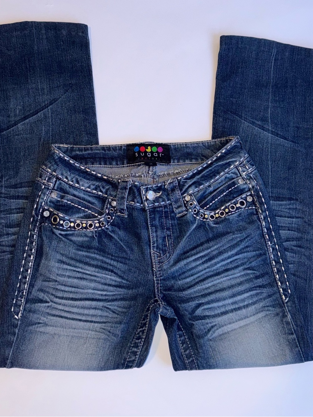 Sugar Factory Jeans Women’s 26 Y2K Rhinestone Embellished Flare Bootcut Denim
